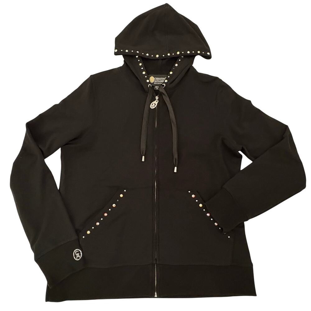 Christine Alexander Womens Y2K Black Zip Front Hoodie Large Swarovski Crystals